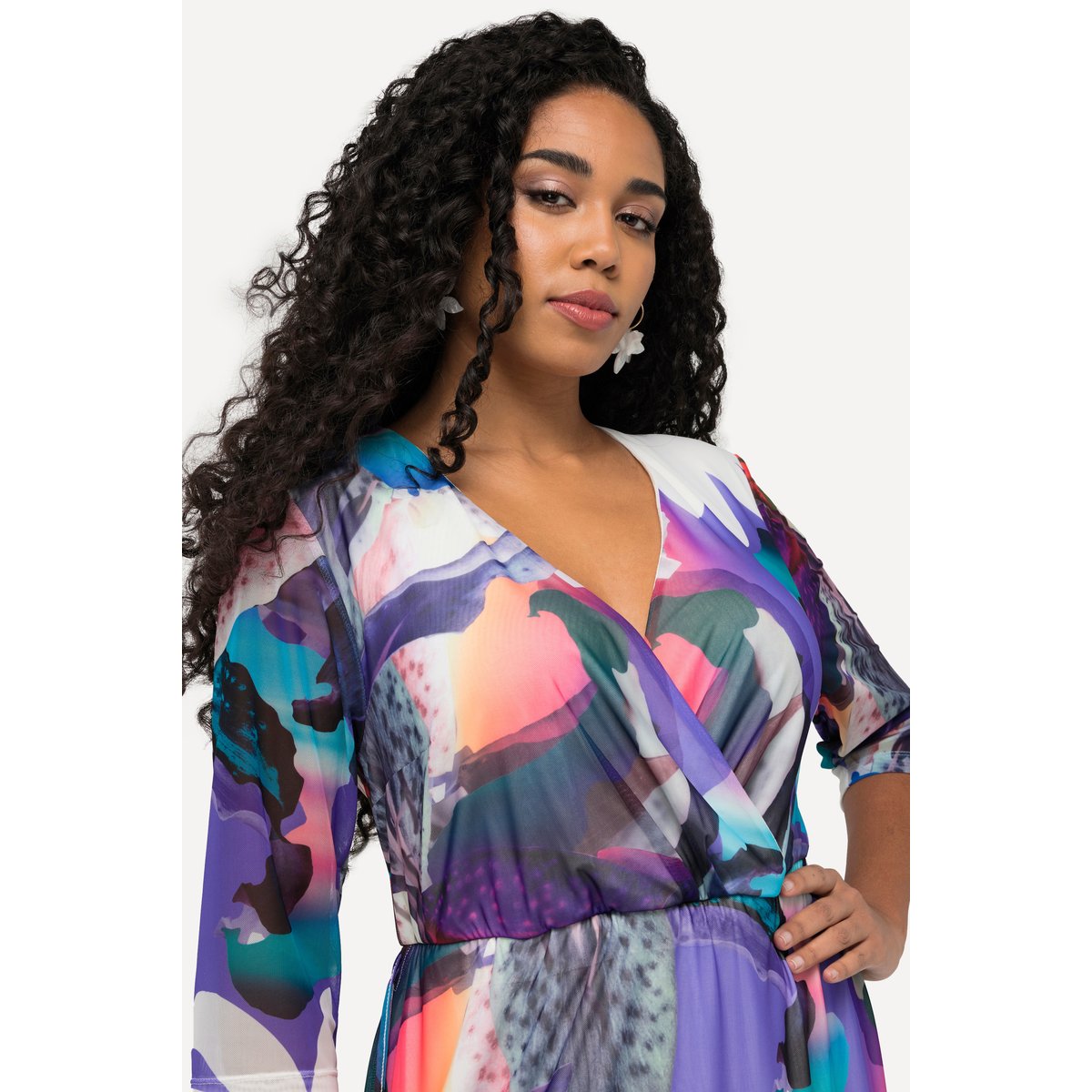 Robe midi à fleurs, effet cache-cœur blanc cassé, ULLA POPKEN