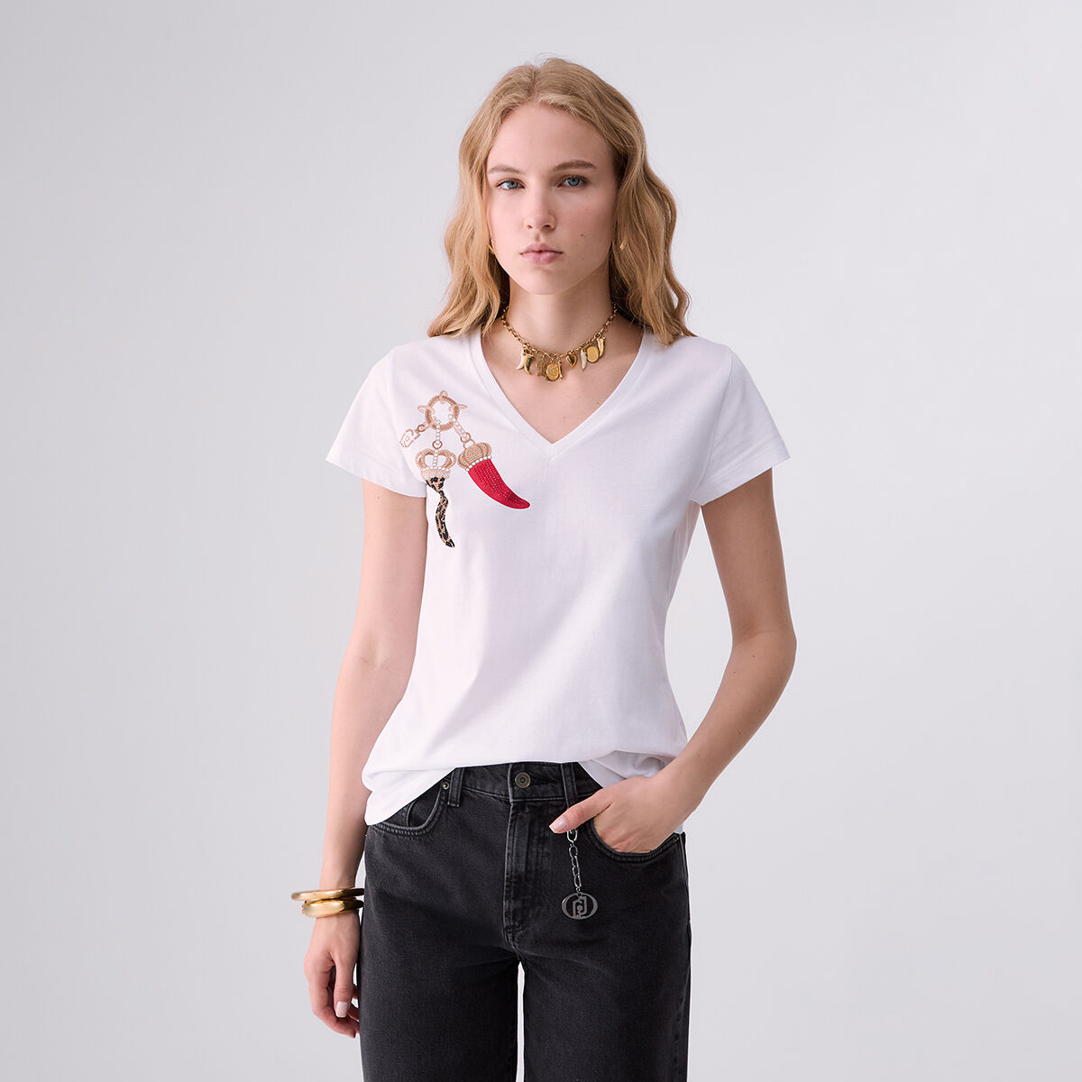T-shirt à col en V blanc, LIU JO