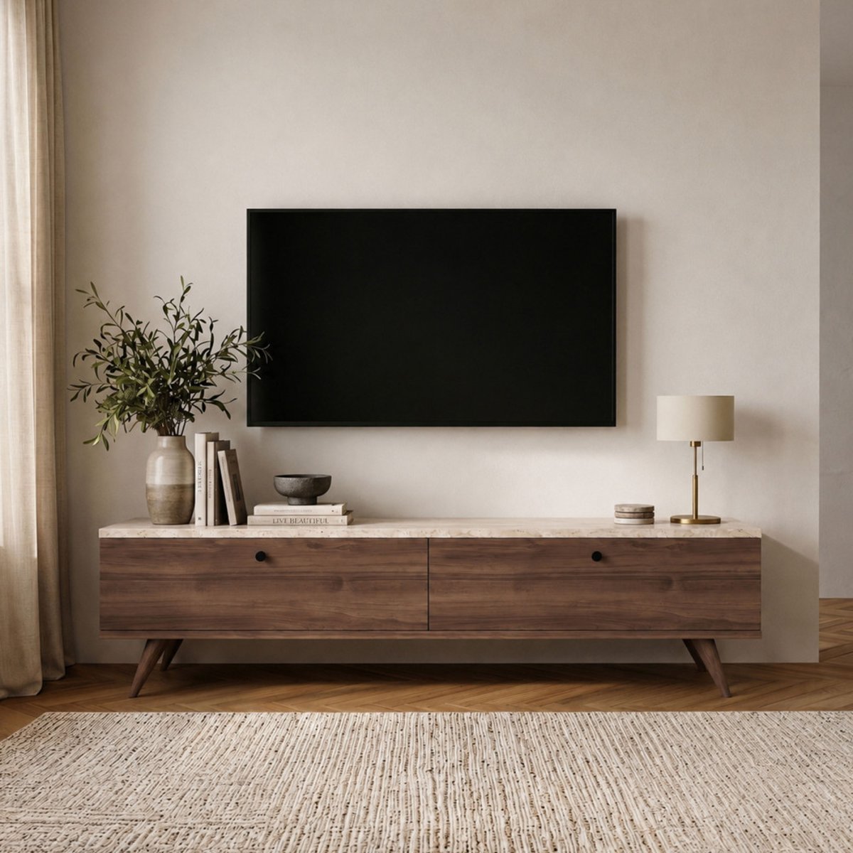 Meuble TV 2 portes plateau effet travertin et bois L140cm- YARA bois foncé, DRAWER