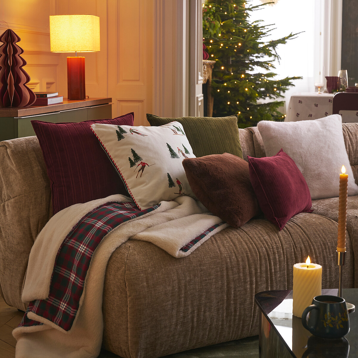 Plaid sherpa et flanelle, LUNAY vert/rouge, LA REDOUTE INTERIEURS