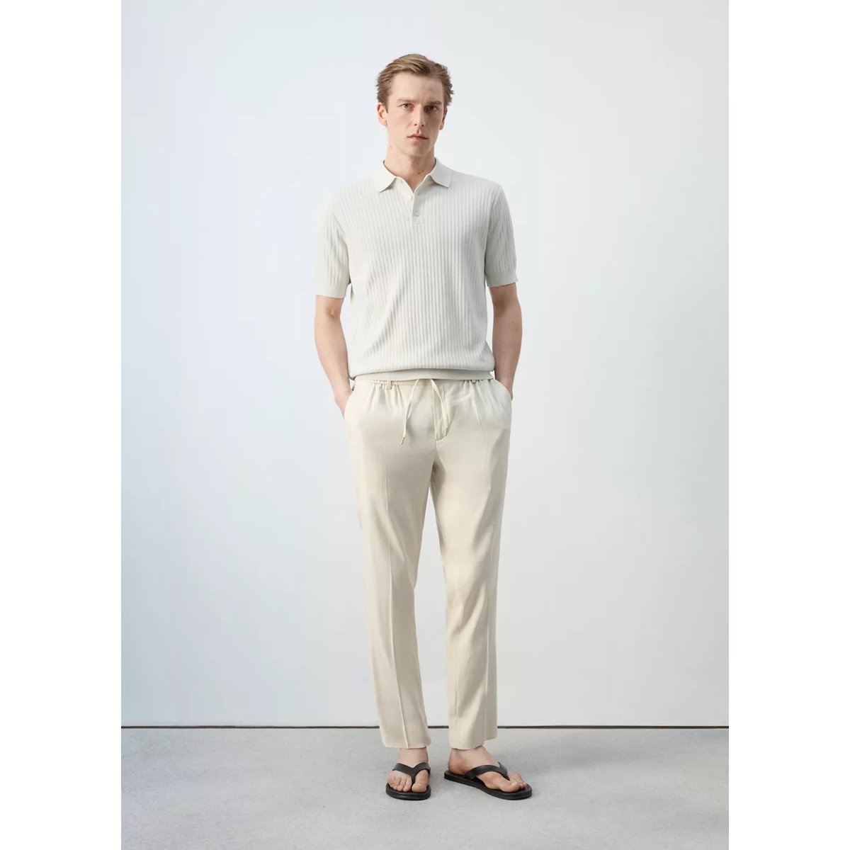Polo en maille côtelée en mélange de coton sable, MANGO MAN
