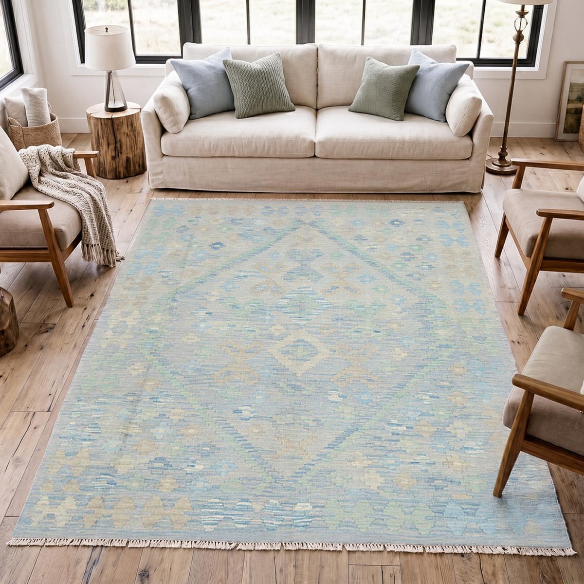Tapis d'orient géométrique, tissé plat en laine, KILIM 13 bleu, beige, vert, UN AMOUR DE TAPIS