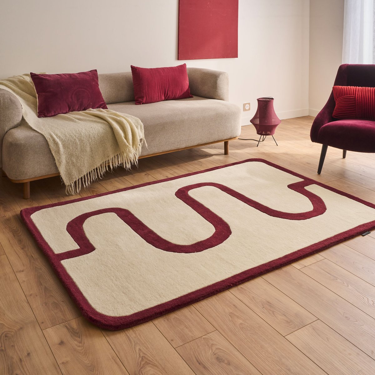 Tapis fait main en laine motif vague ROUGE D'ORAGE rouge, NAZAR RUGS X PANTONE