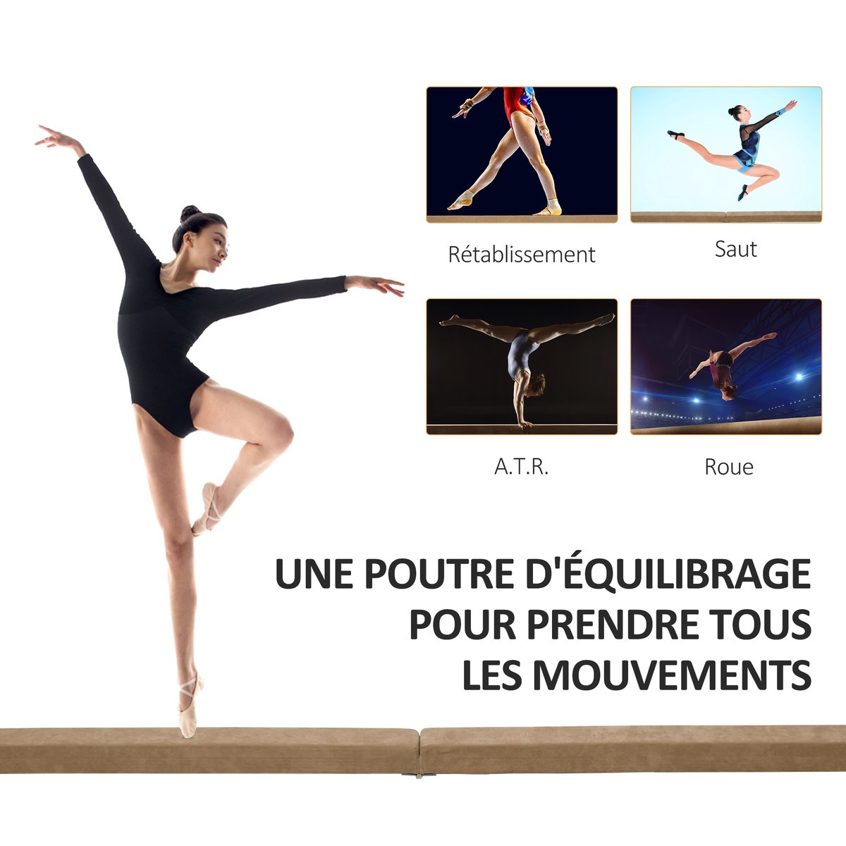 Poutre gymnastique pliable 210 cm bois de pin toucher daim marron marron, HOMCOM