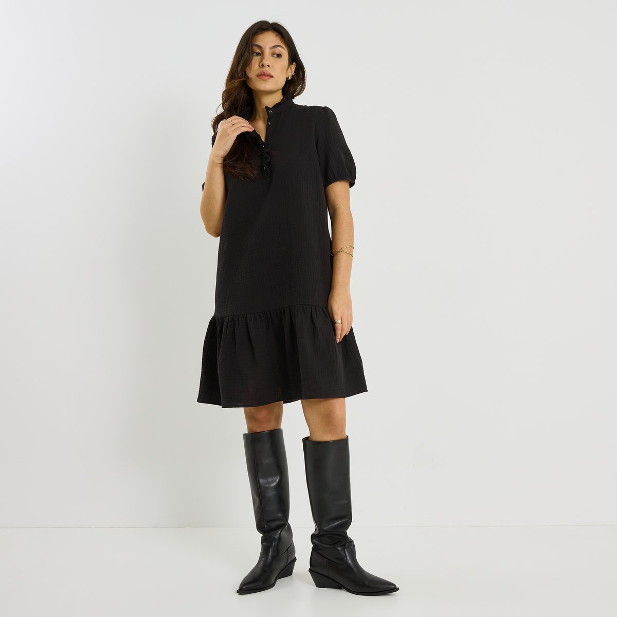 Robe en gaze de coton à col montant noir, GRAIN DE MALICE