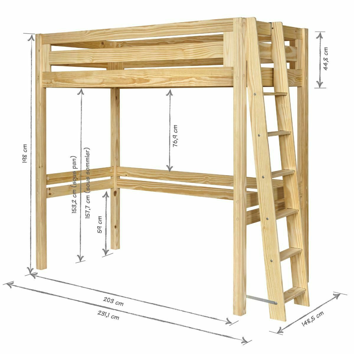 Pack lit mezzanine 2 places avec matelas Bois massif ORSAI bois naturel, AKITEN RETAIL