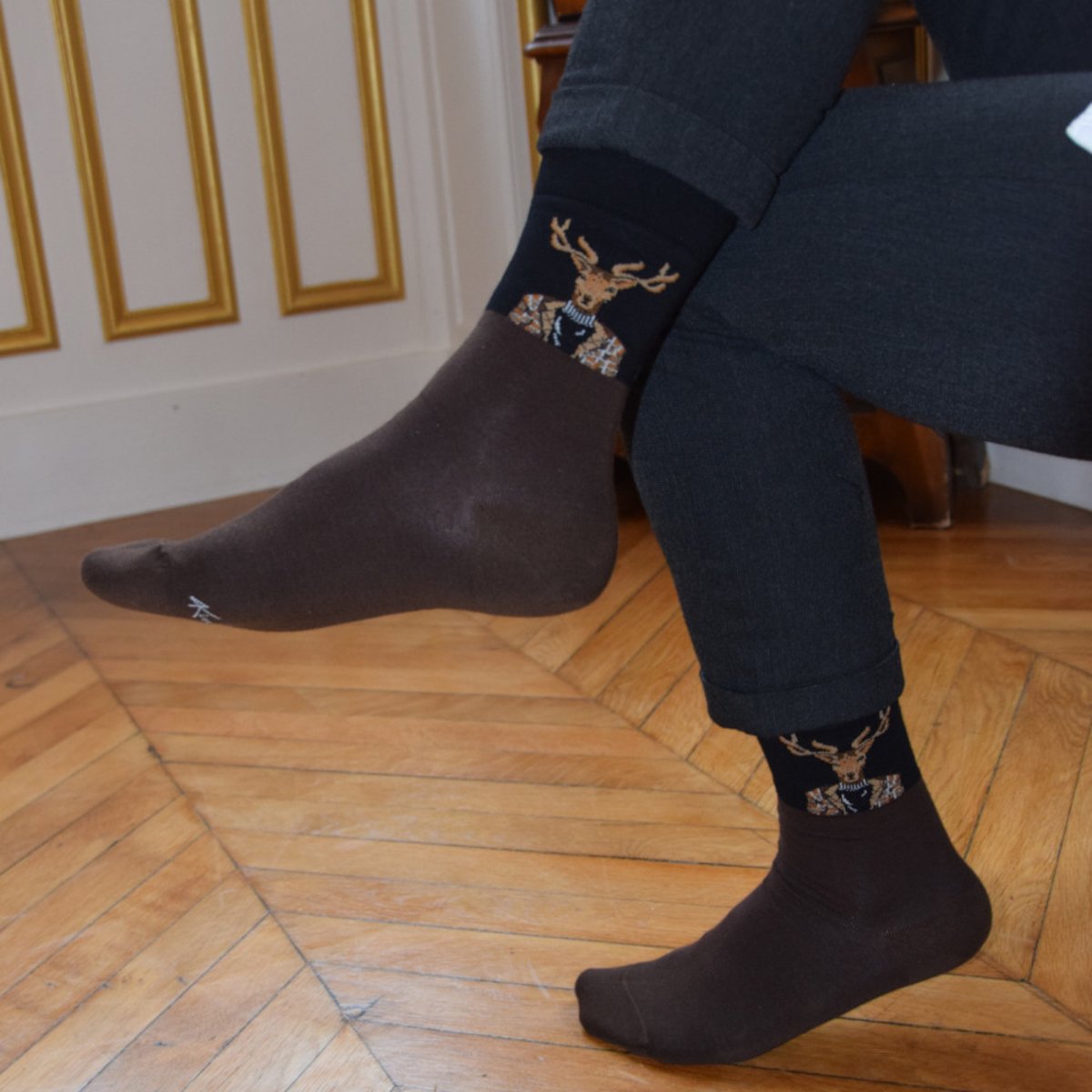 Mi-chaussettes Homme jersey Tête de cerf coton majoritaire MADE IN FRANCE marron foncé, KINDY