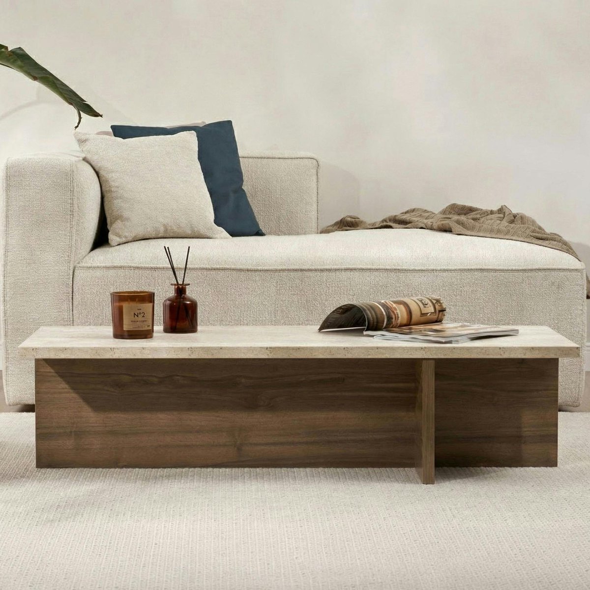 Table basse étroite décor travertin et noyer MARFA beige, PIER IMPORT