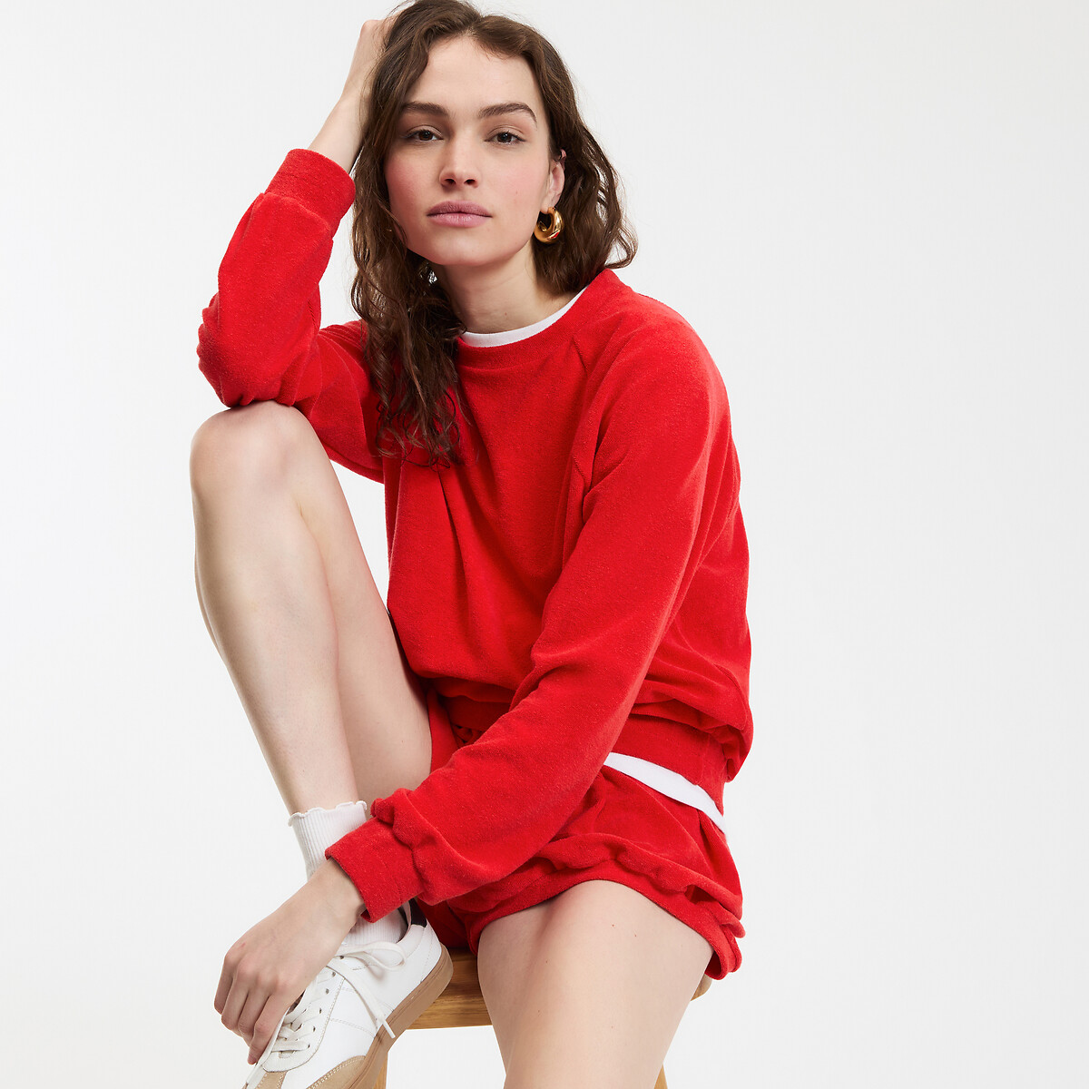 Embroidered Back Towelling Sweatshirt red, LA REDOUTE COLLECTIONS