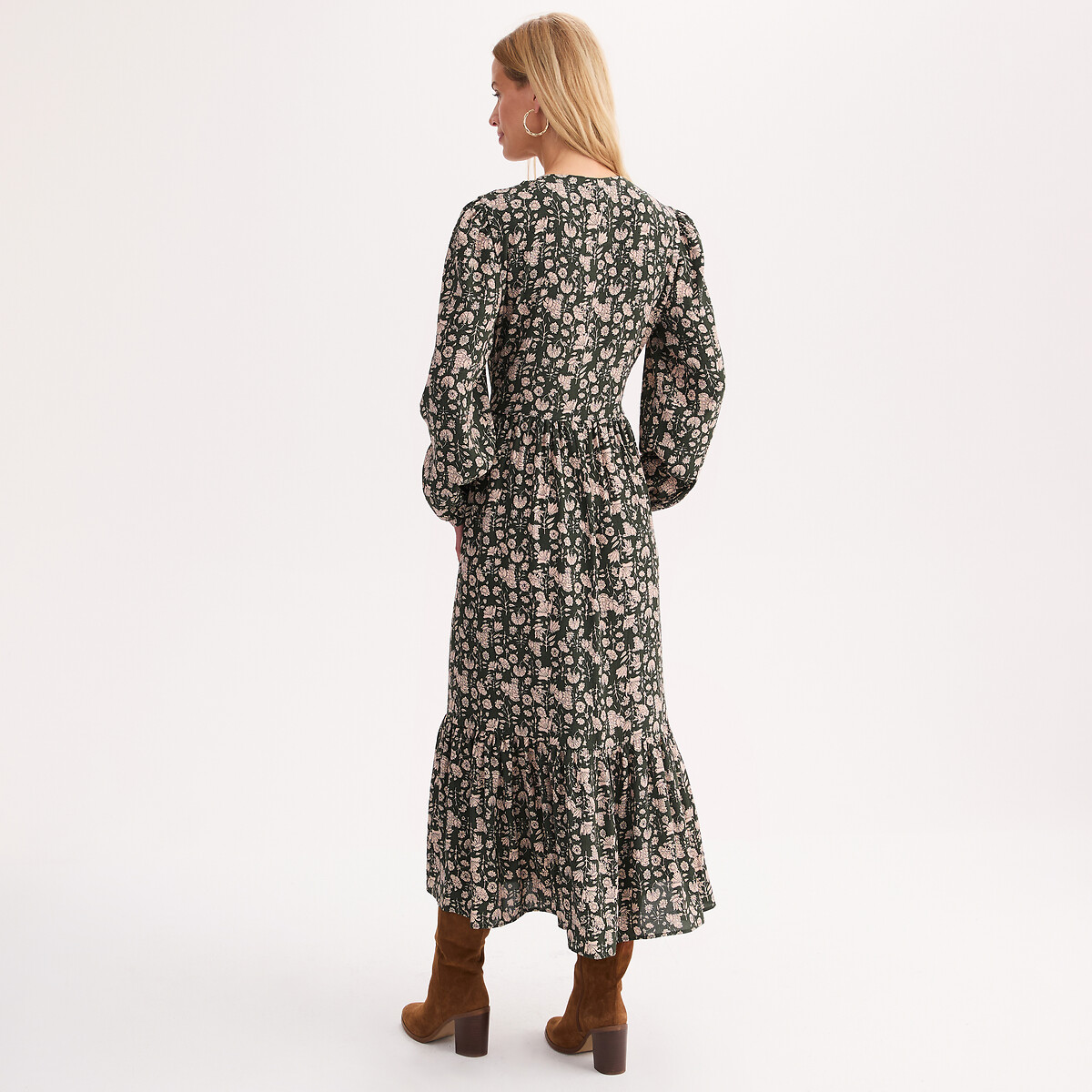 Robe longue à volant imprimé floral manches longues imprimé fleur fond kaki, ANNE WEYBURN