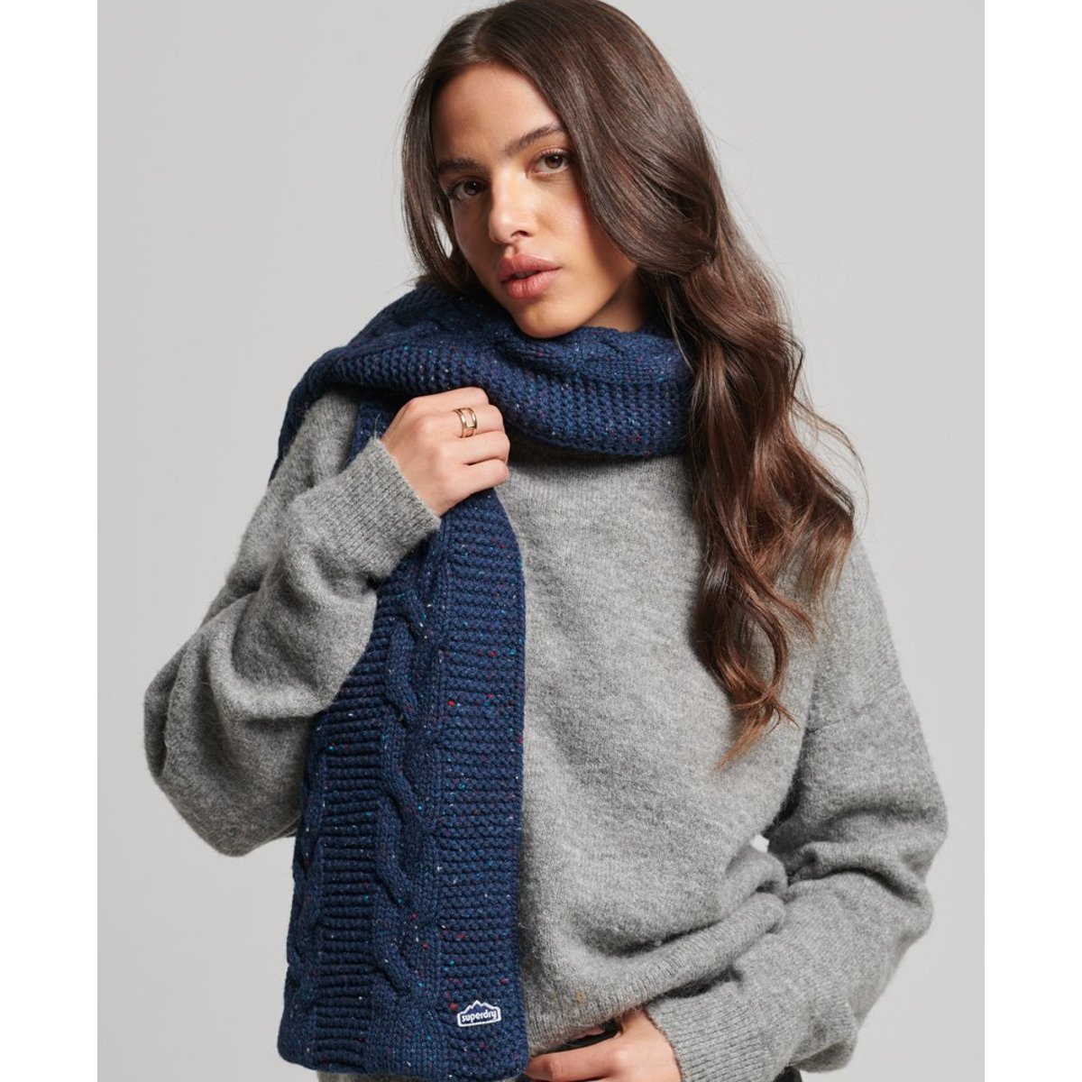 Écharpe en maille torsadée tweed bleu marine intense, SUPERDRY