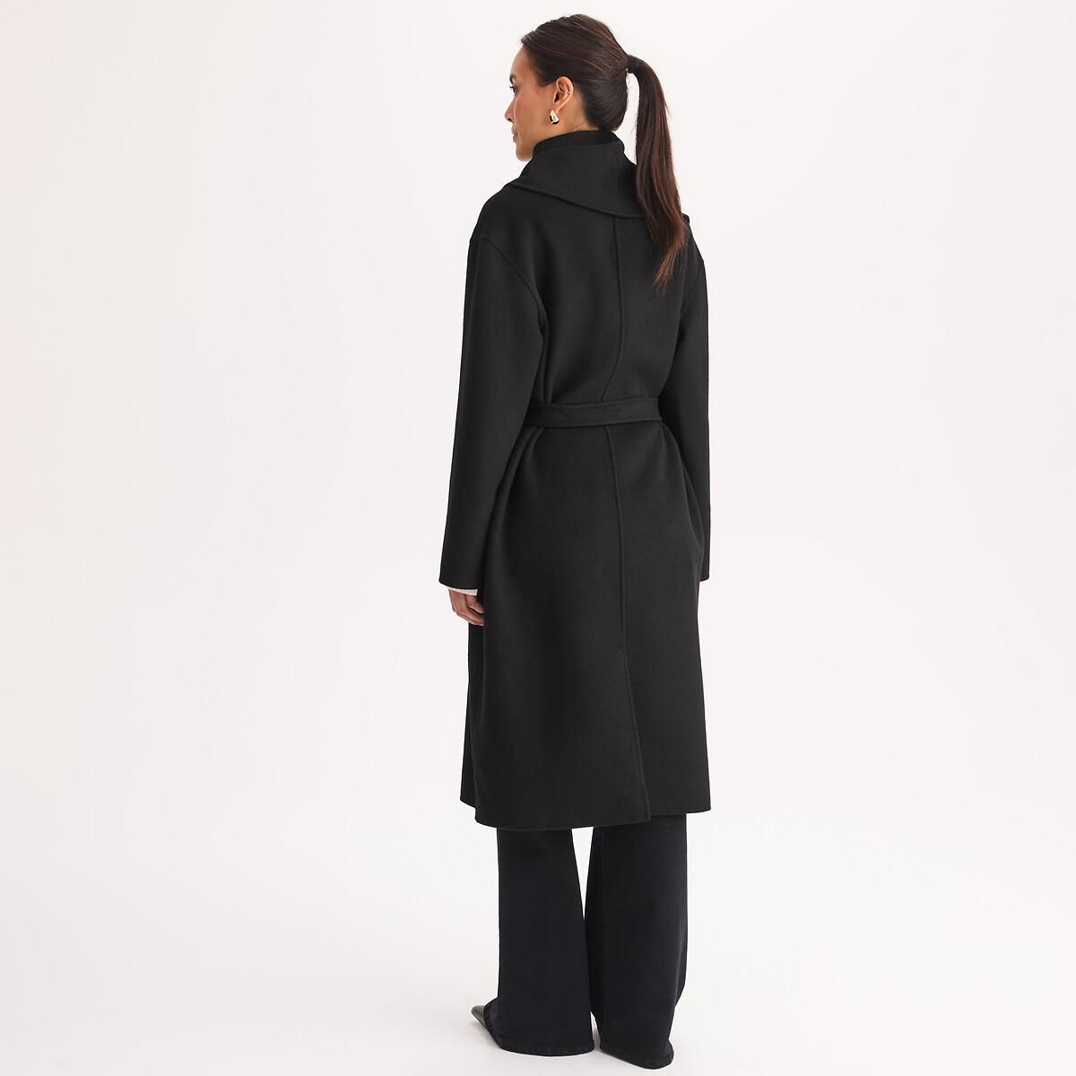 Wool Blend Long Draping Scarf Coat with Tie Belt black, ANNE WEYBURN