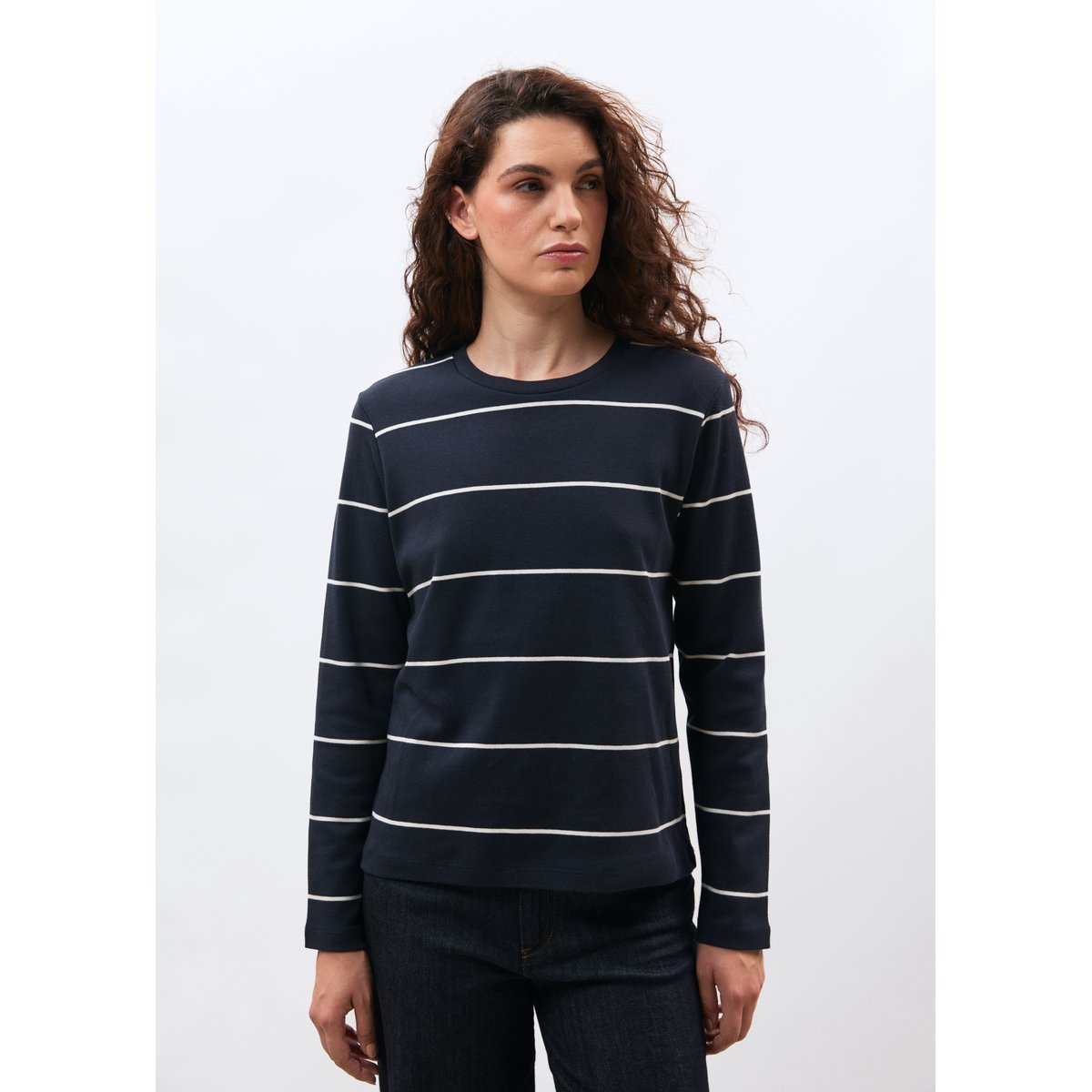 T-shirt en jersey rayé manches longues blanc/marine, HUMILITY