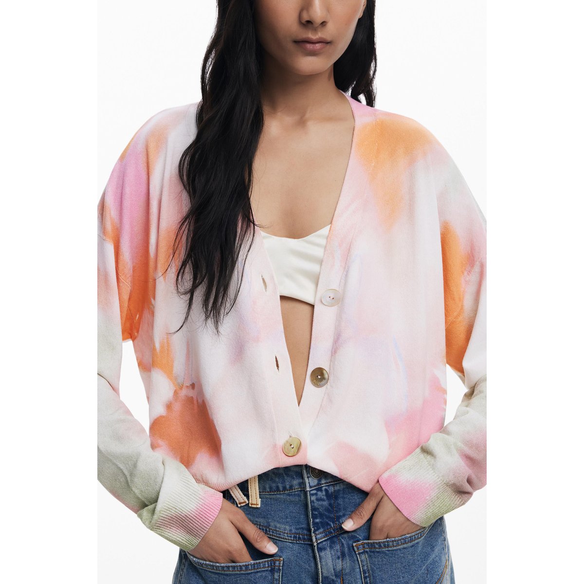 Cardigan à fleurs tie-dye beige, DESIGUAL
