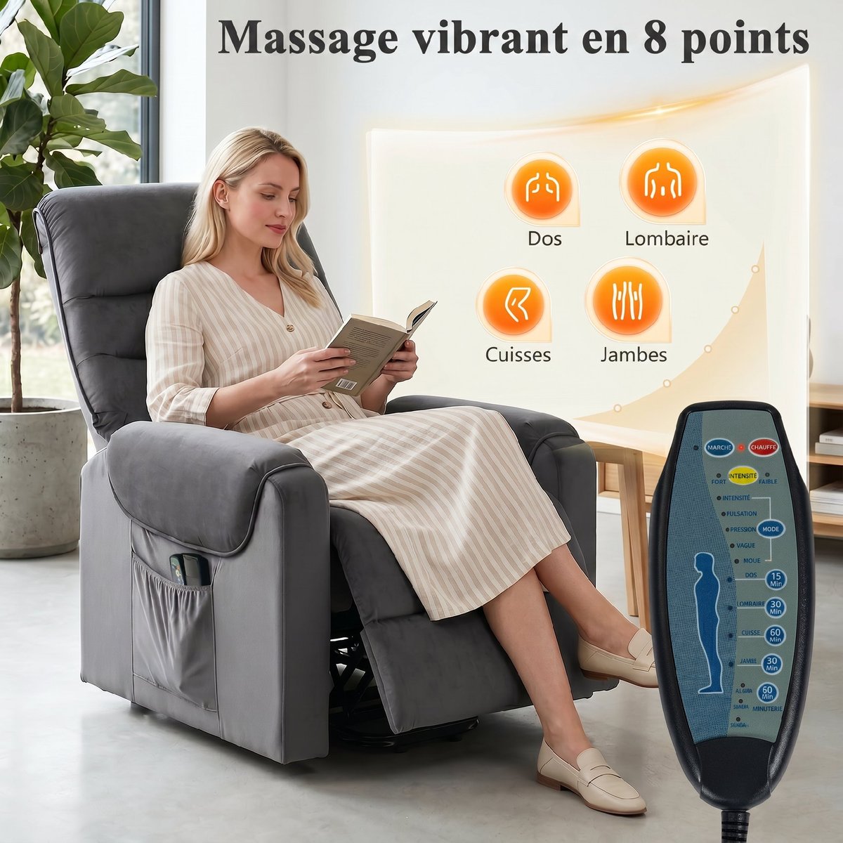 Fauteuil releveur multifonctionnel Velours gris foncé, HOMCOM
