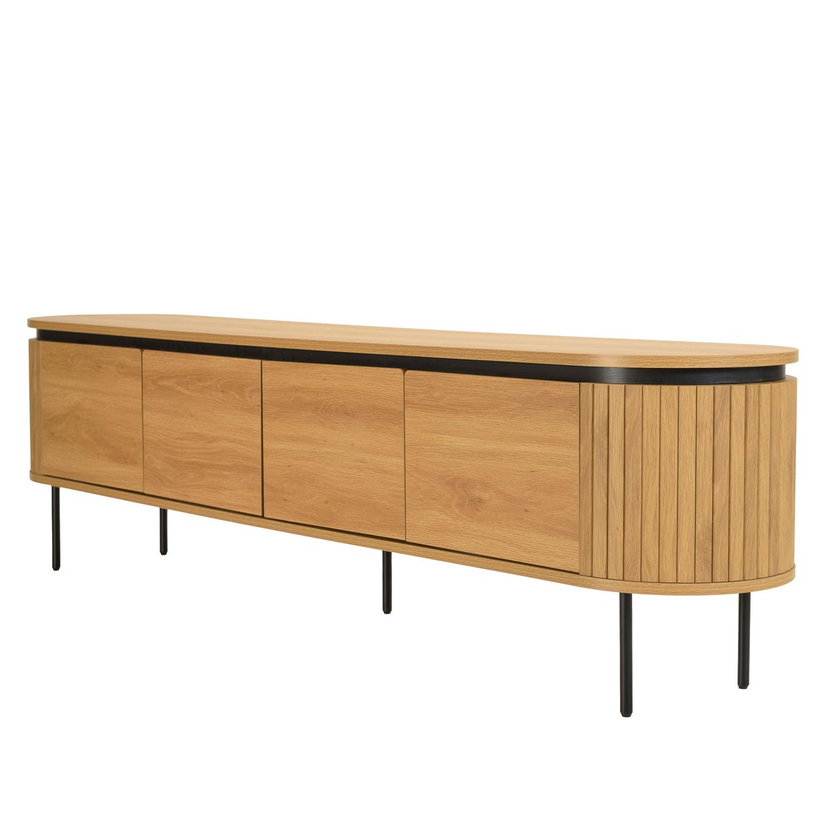Meuble TV arrondi couleur naturelle 4 portes et pieds métal noir ELTON bois naturel, PIER IMPORT