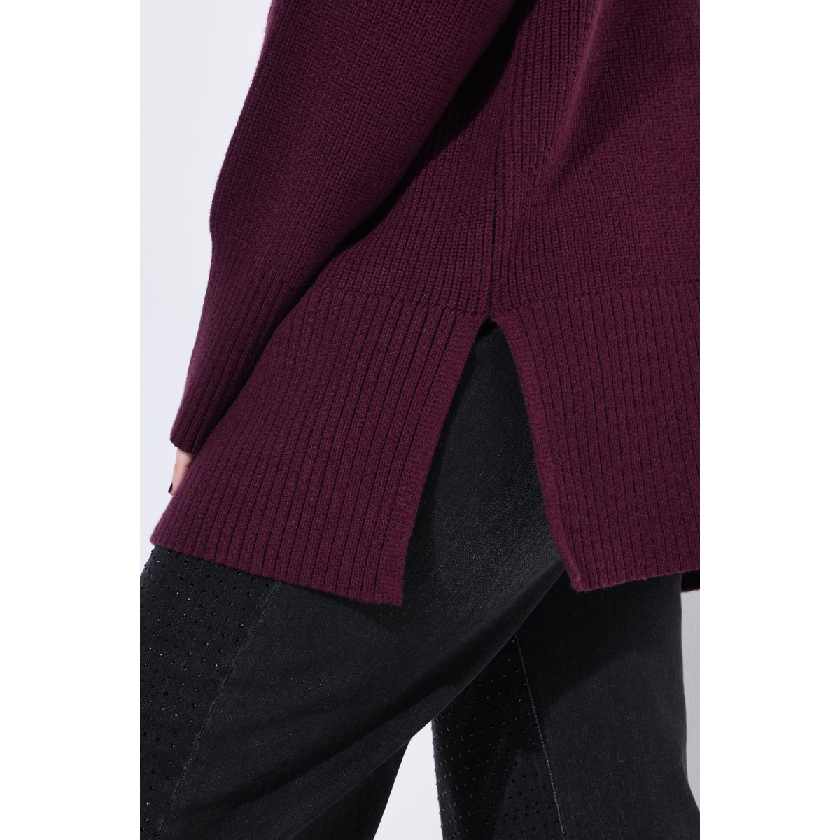 Pull en maille côtelée à col roulé rouge vin foncé, ULLA POPKEN