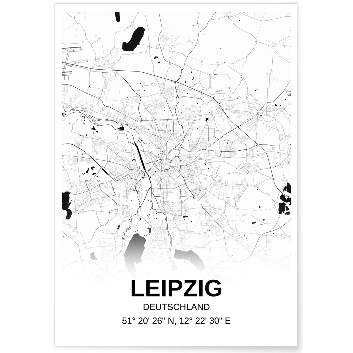 Affiche carte Liepzig - rectangle Noir et Blanc blanc, L'AFFICHERIE