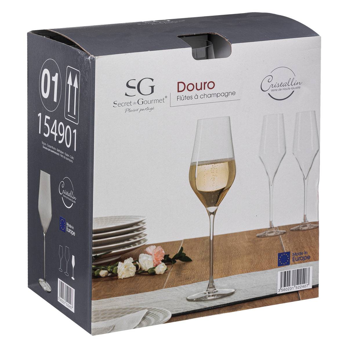 Lot de 6 flûtes à champagne en verre cristallin 31 cl DOURO transparent, SECRET DE GOURMET