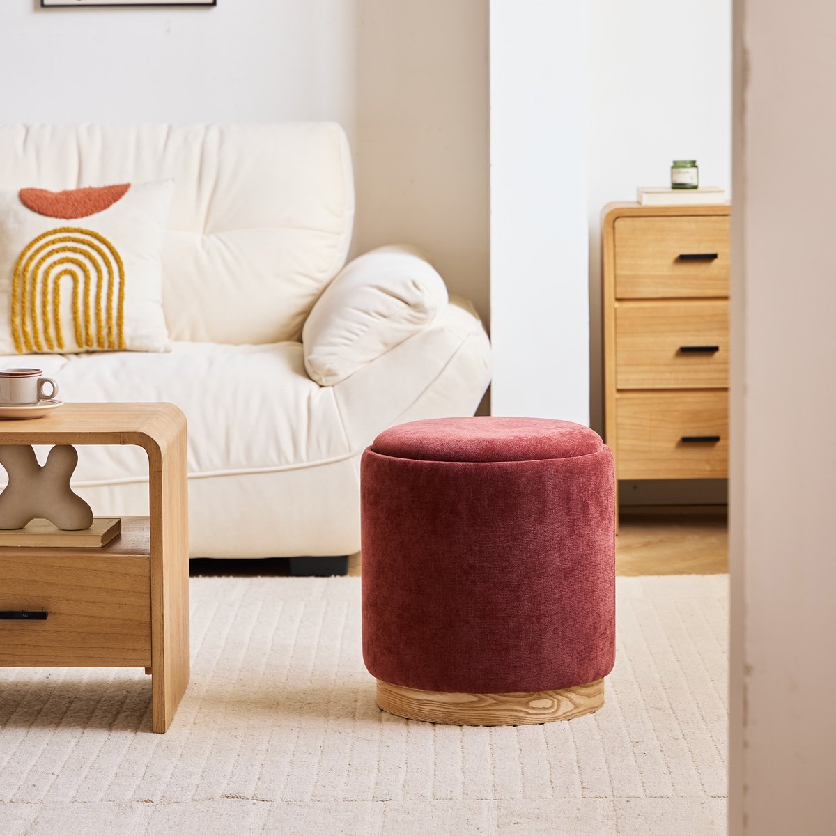 Pouf avec rangement, tissu et bois, KEMI terracotta, NORDLYS