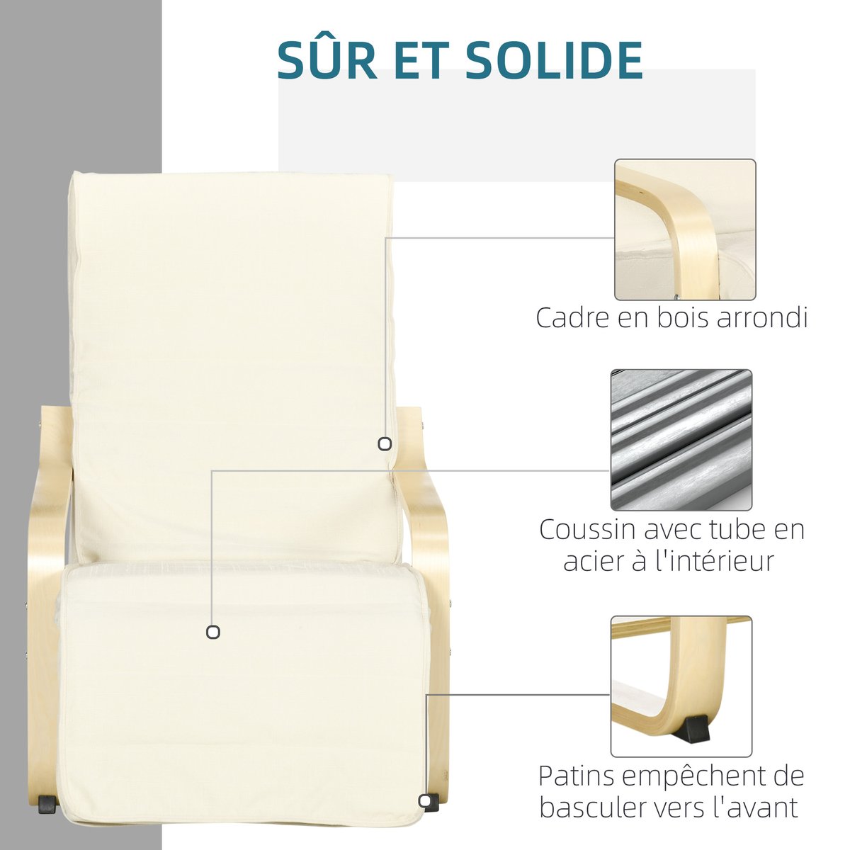 Accent Chair Lin (100% polyester) Crème crème, bois naturel, HOMCOM