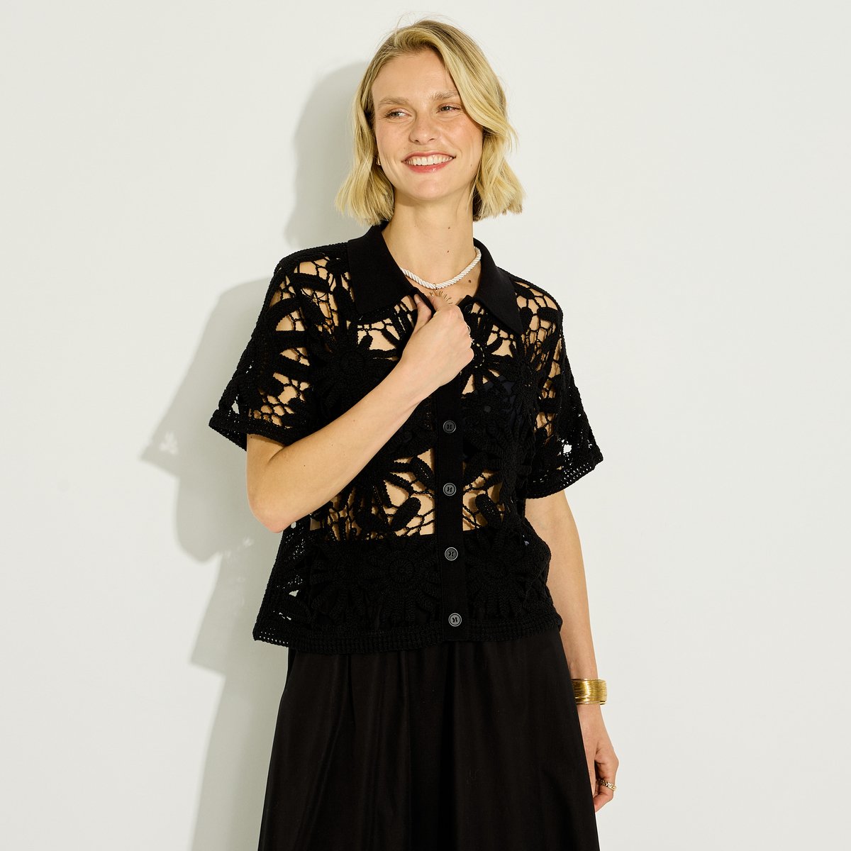 Polo en crochet ajouré noir, GRAIN DE MALICE