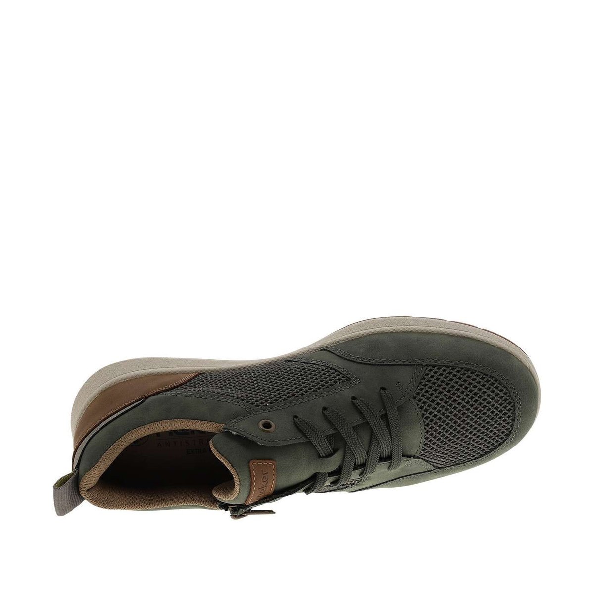 Sneakers bleu marine à talon plat avec des lacets et un zip latéral vert, RIEKER