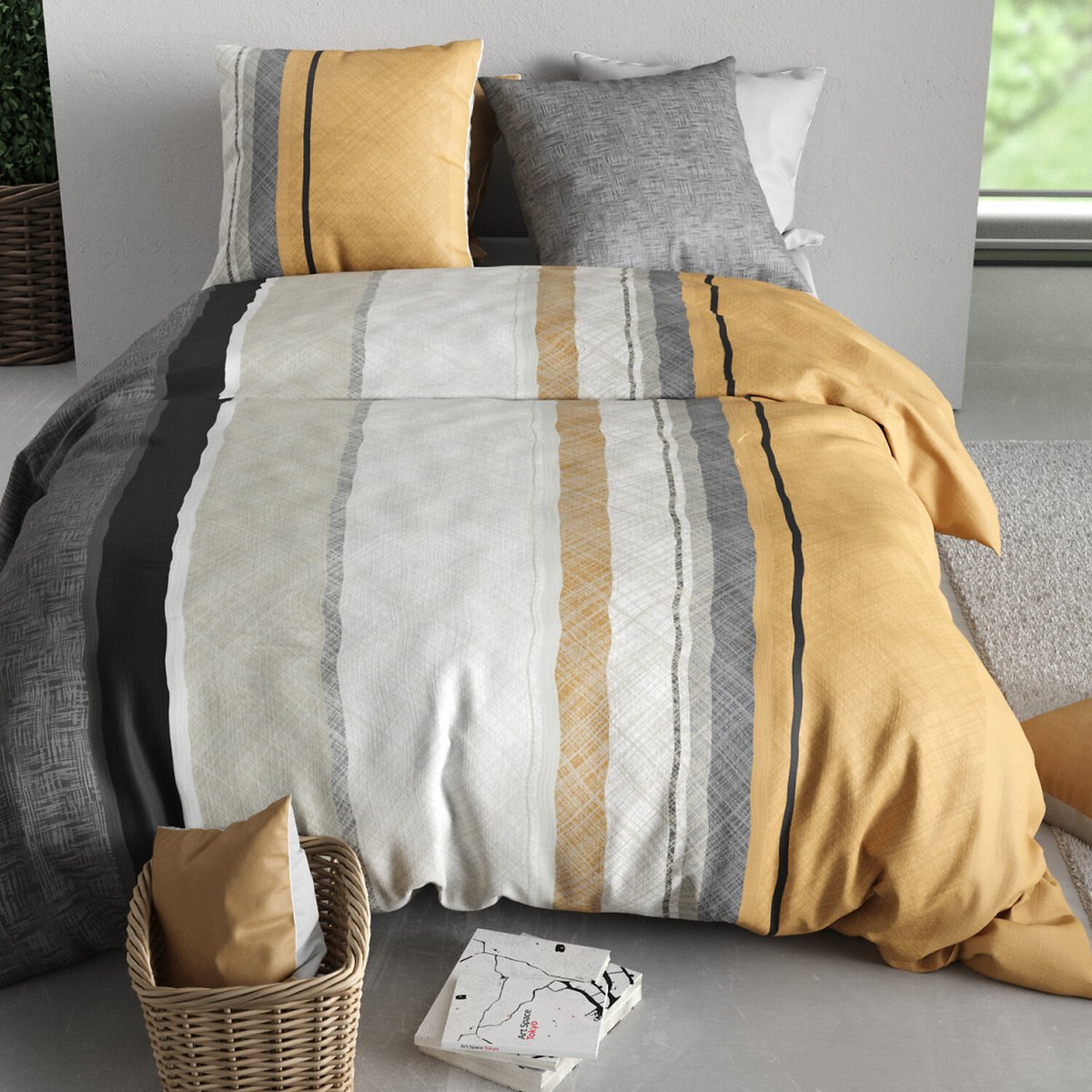 Paure coton imprimée couette et 2 taies, OGIS gris, ATELIER DU COTON