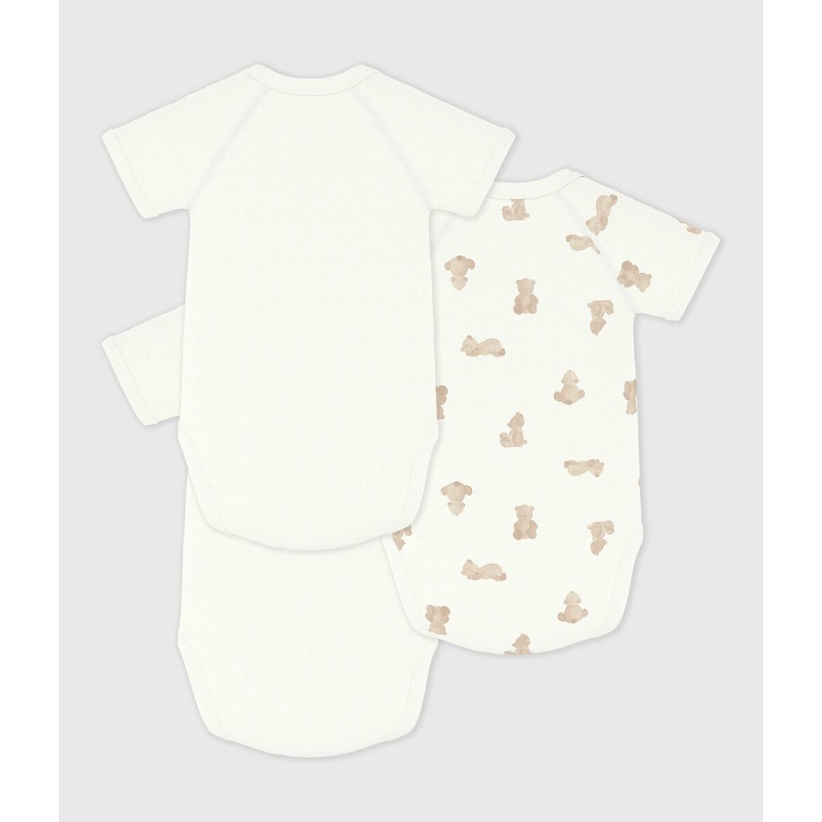 Lot de 3 bodies croisés, manches courtes, en coton, imprimé nounours blanc/marron, PETIT BATEAU