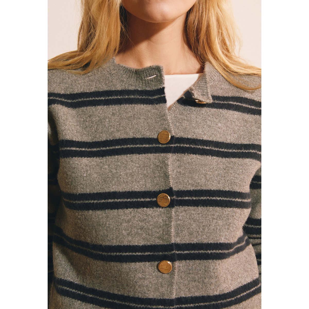 Pull manches longues à rayures avec détail bouton doré SILVER gris, ETAM