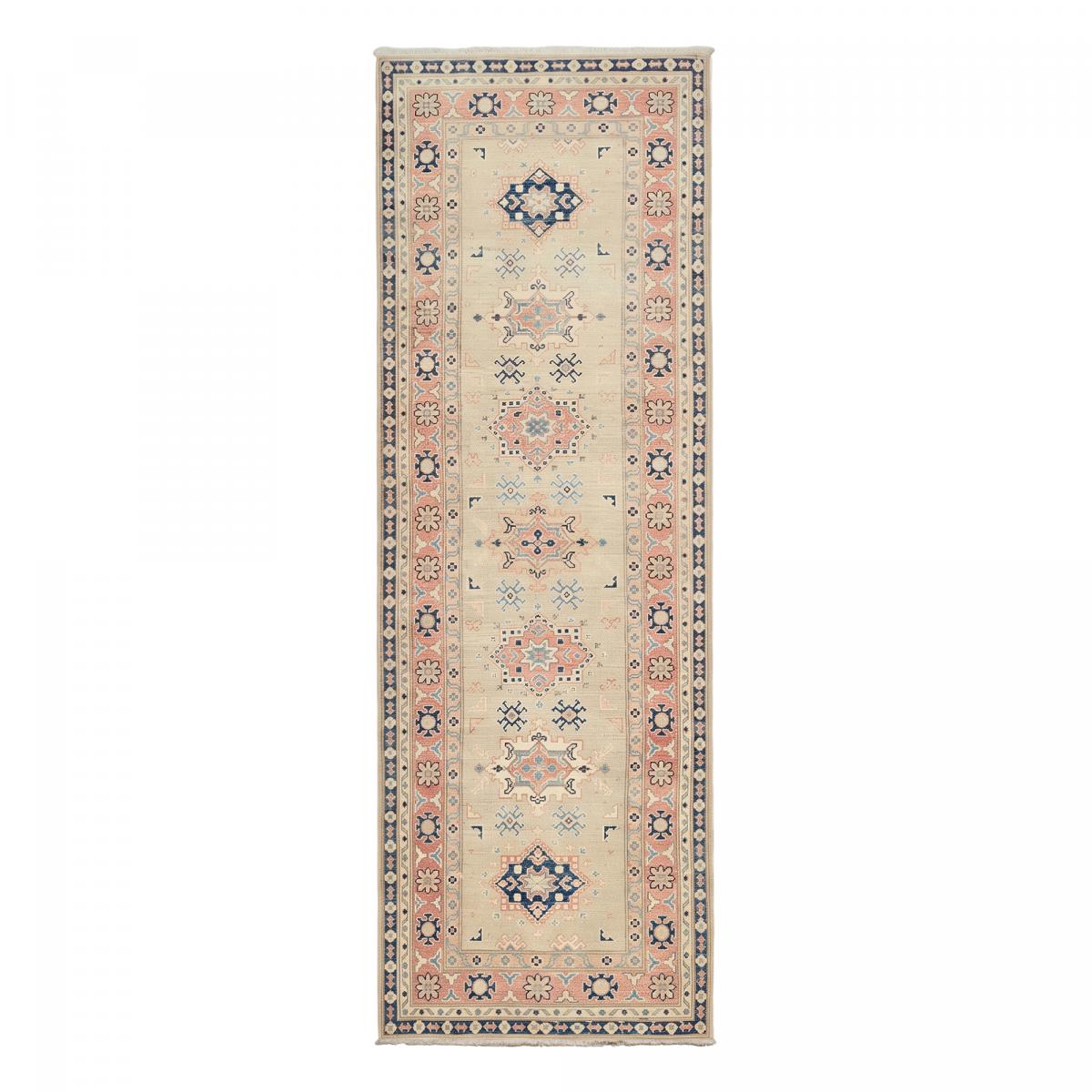 Tapis salon géométrique, noué main en laine, KAZAK CO 58 beige, rose, bleu, UN AMOUR DE TAPIS