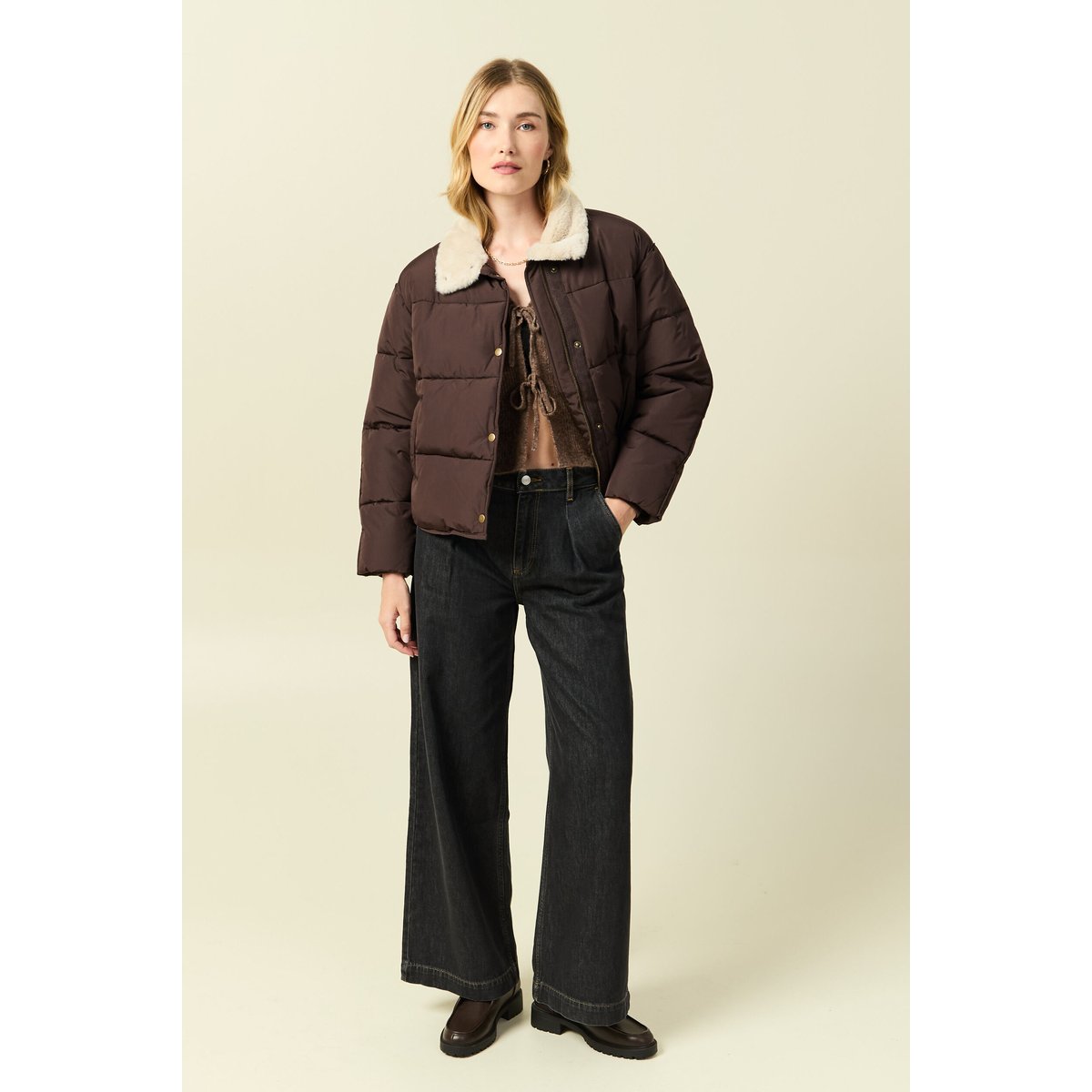 Gilet col V manches longues nœuds marron, BONOBO