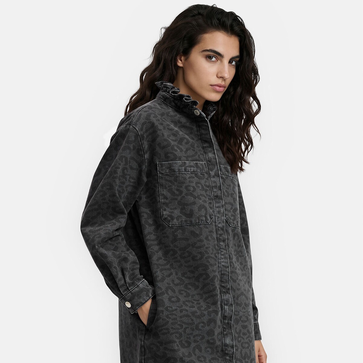 Robe courte à col volanté, en denim imprimé léopard, Signature DEBBIE imprimé léopard/gris, LA REDOUTE COLLECTIONS