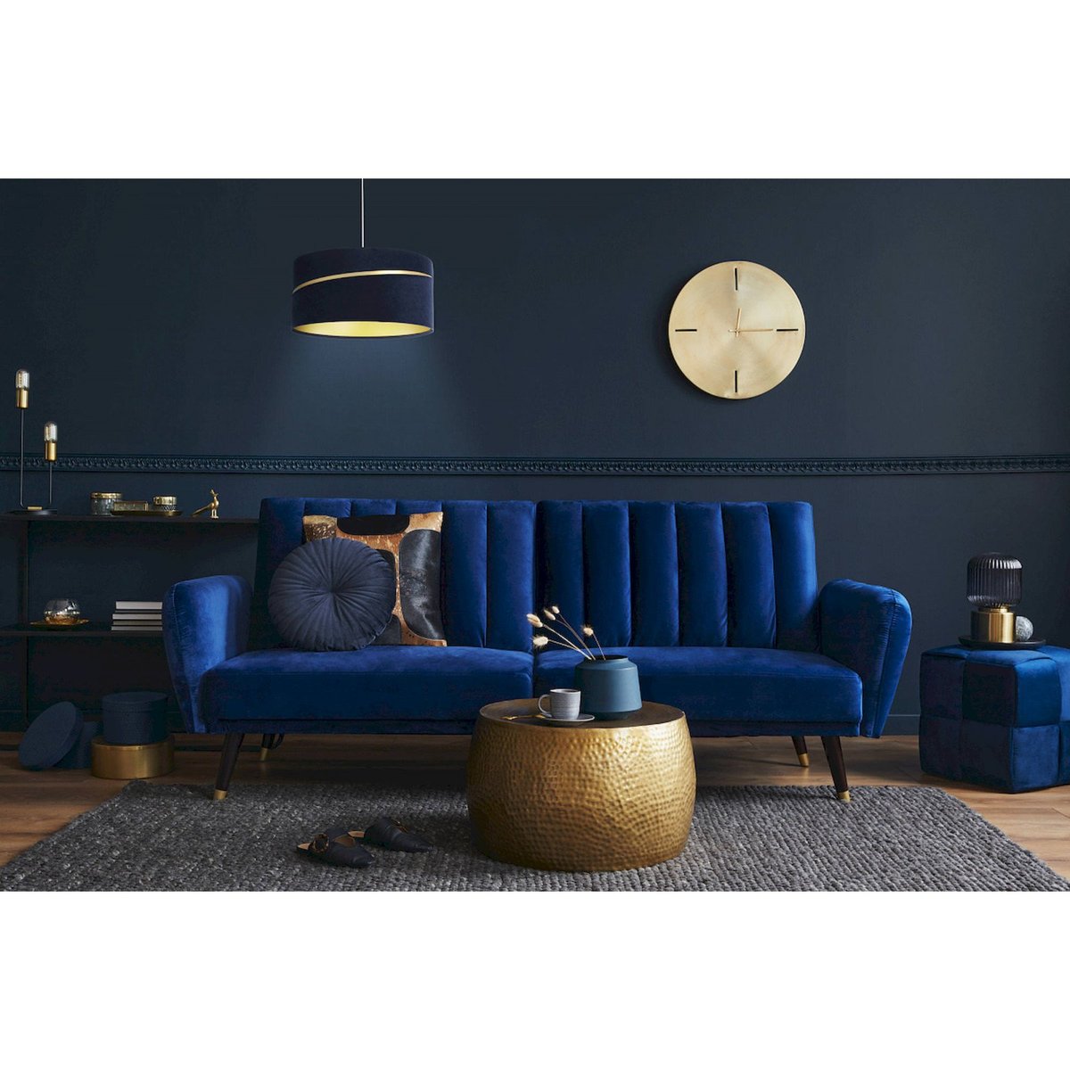 Suspension en tissu, SWING abat-jour en satin microfibre bleu, liseret doré et intérieur doré, BPS KONCEPT