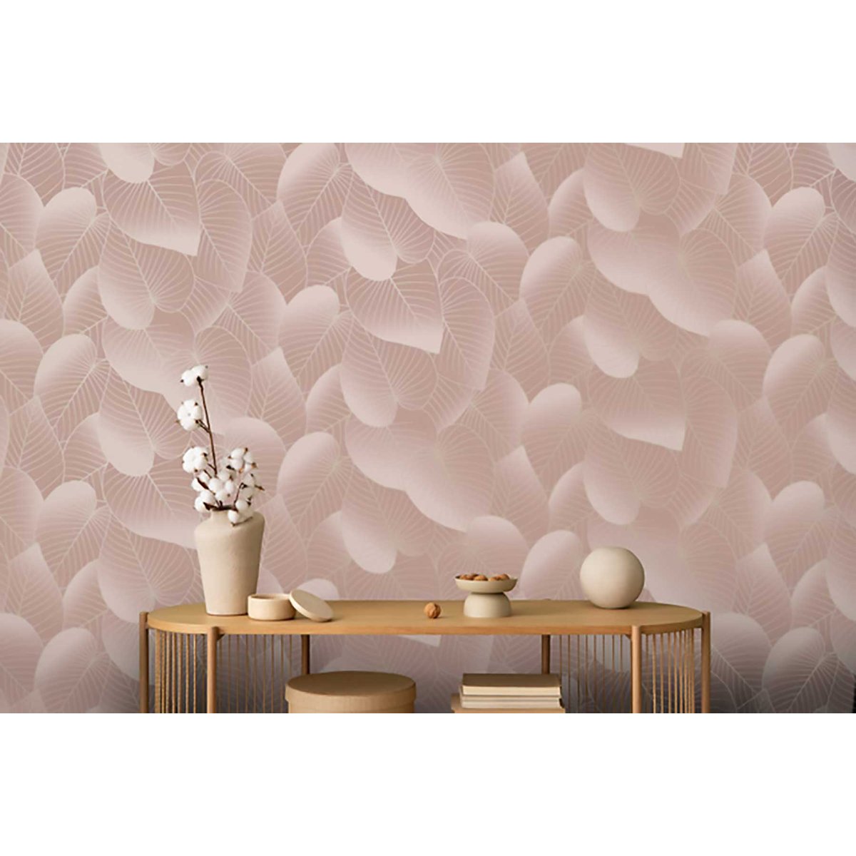 Papier peint feuilles tropicales rose poudré rose, HEXOA