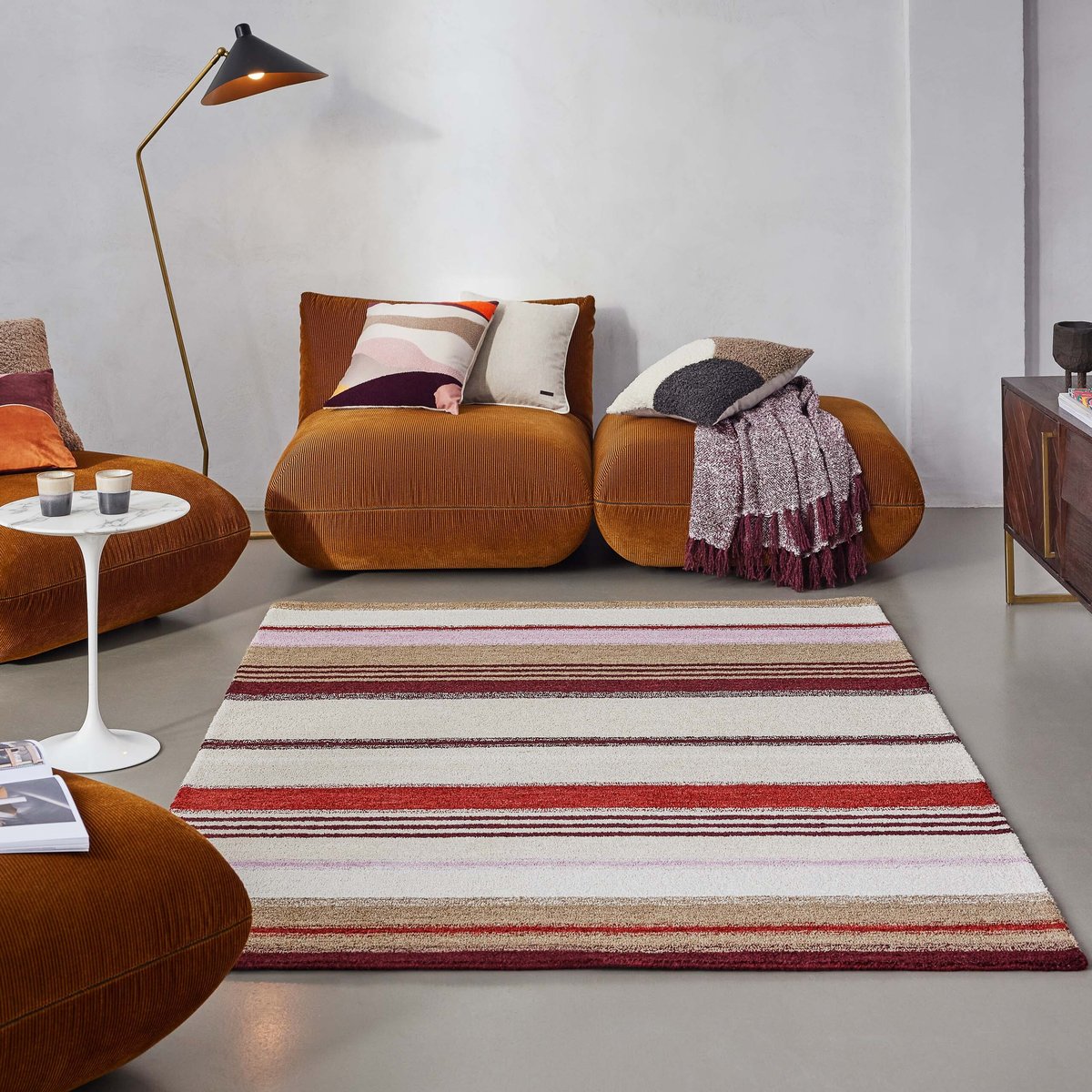 Tapis rayé coloré tufté main , Petrol beige/rouge, WECON HOME