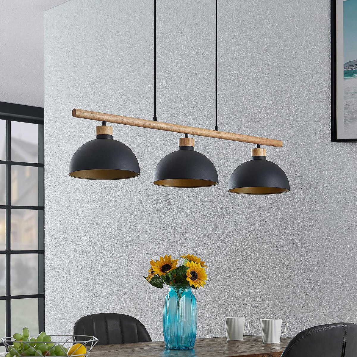 Suspension en métal vintage, Tirzana noir, or, bois clair, LINDBY