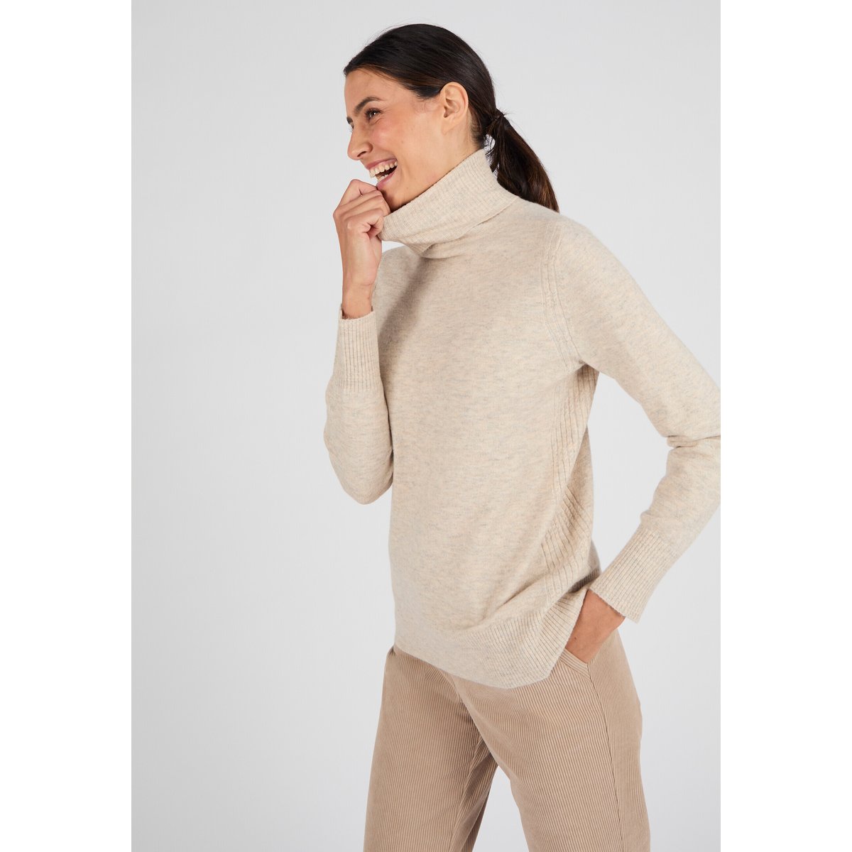 Pull col roulé fine maille Thermolactyl marron ecru chiné, DAMART