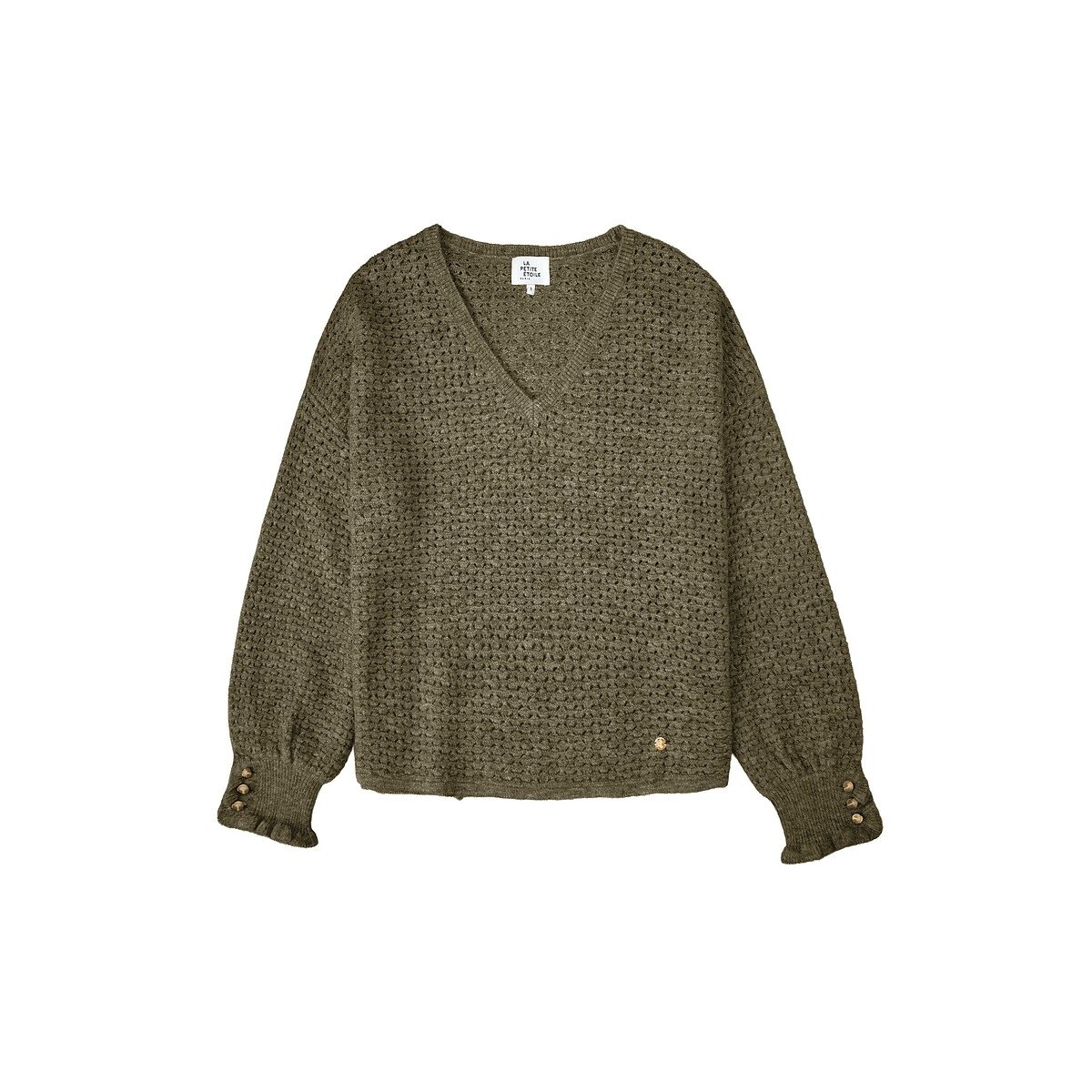 Maglione con scollo a V e polsini con volant, MANDINE verde kaki, LA PETITE ETOILE