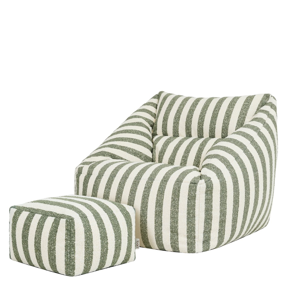 Pouf fauteuil et son repose-pied carré en bouclette rayée Oeko-Tex® - NATALIA vert olive, ICON