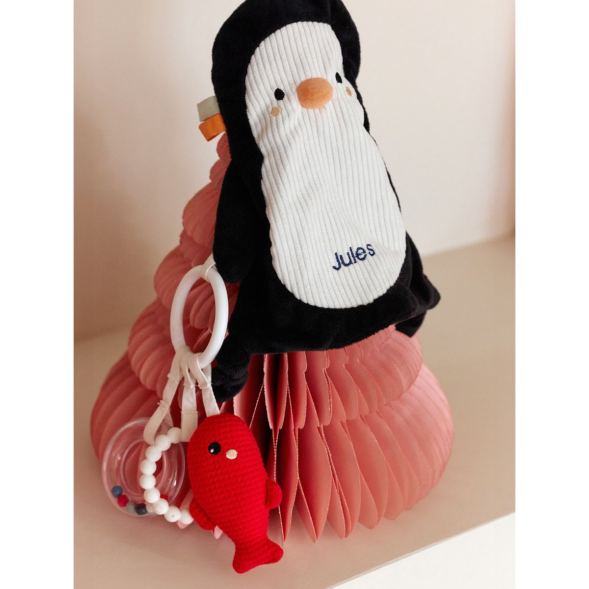 Doudou plat pingouin et hochet BANQUISE blanc, VERTBAUDET