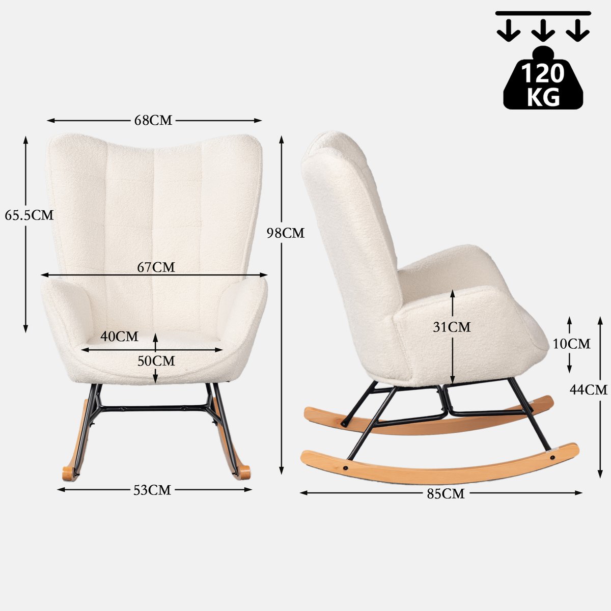 Fauteuil à bascule rocking chair style scandinave pieds en hêtre en tissu bouclette, FUNKEL blanc, MEUBLES COSY
