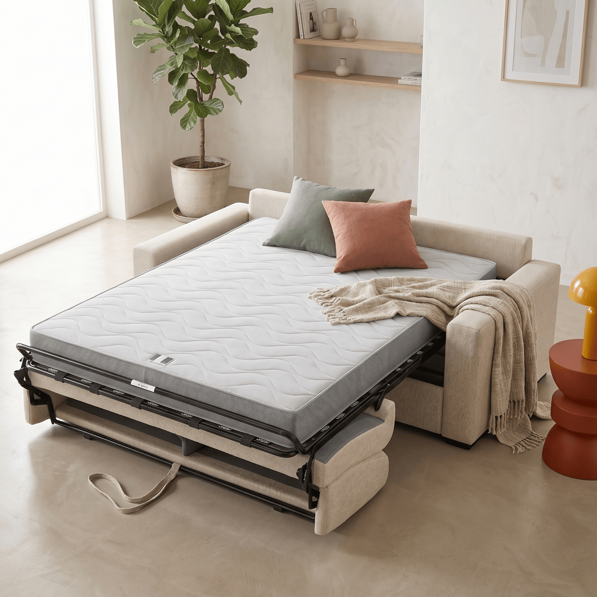 Canapé droit convertible 3 places en tissu chenille - ouverture express - ANZIO beige, HOMIFAB