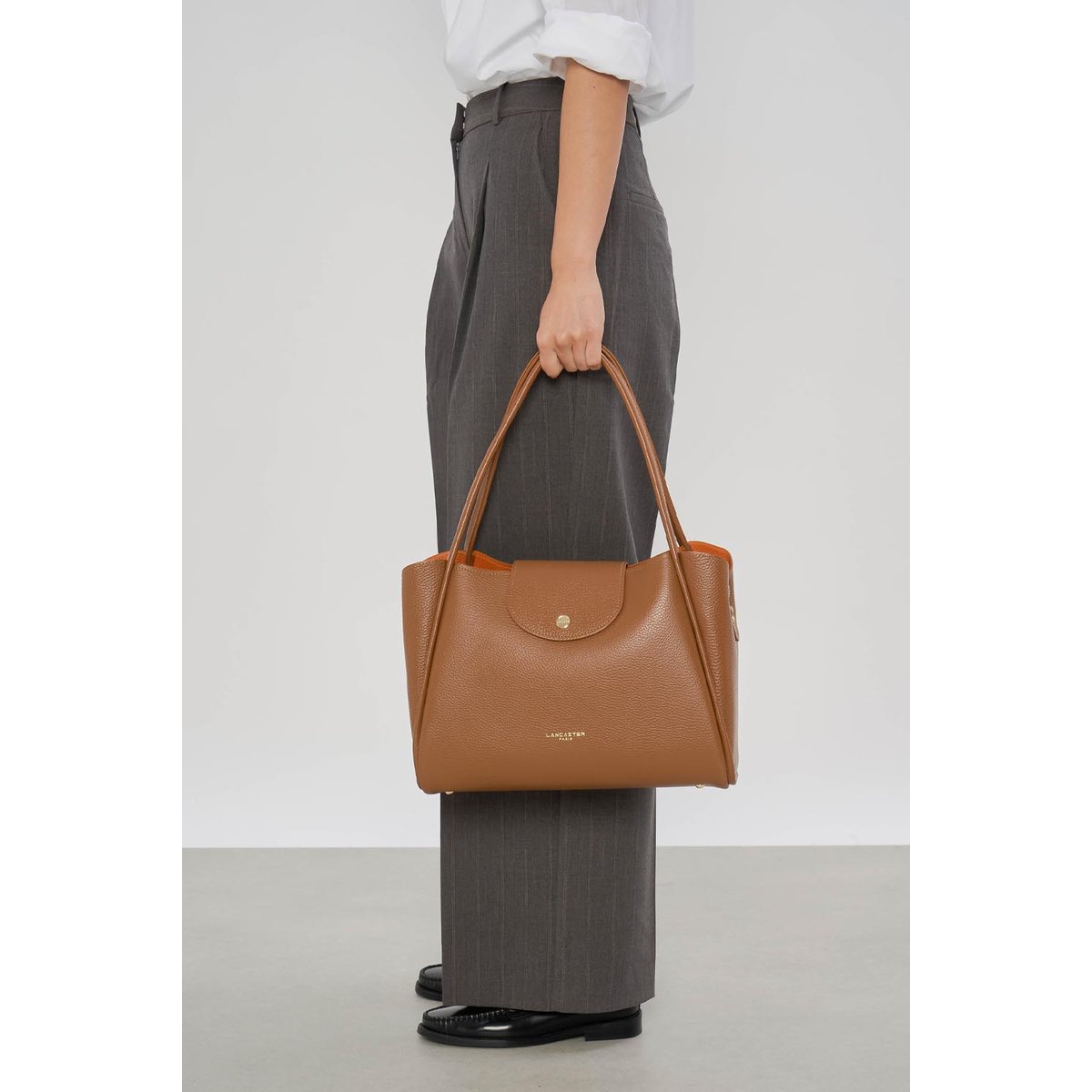 Grand sac cabas épaule, Made in France IDA DOUBLE camel - in - orange, LANCASTER
