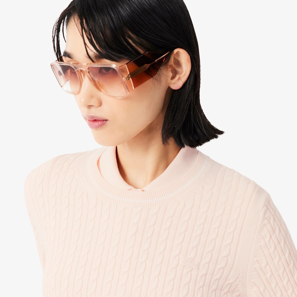 Pull maille torsadée détails rayés rose-n6i, LACOSTE