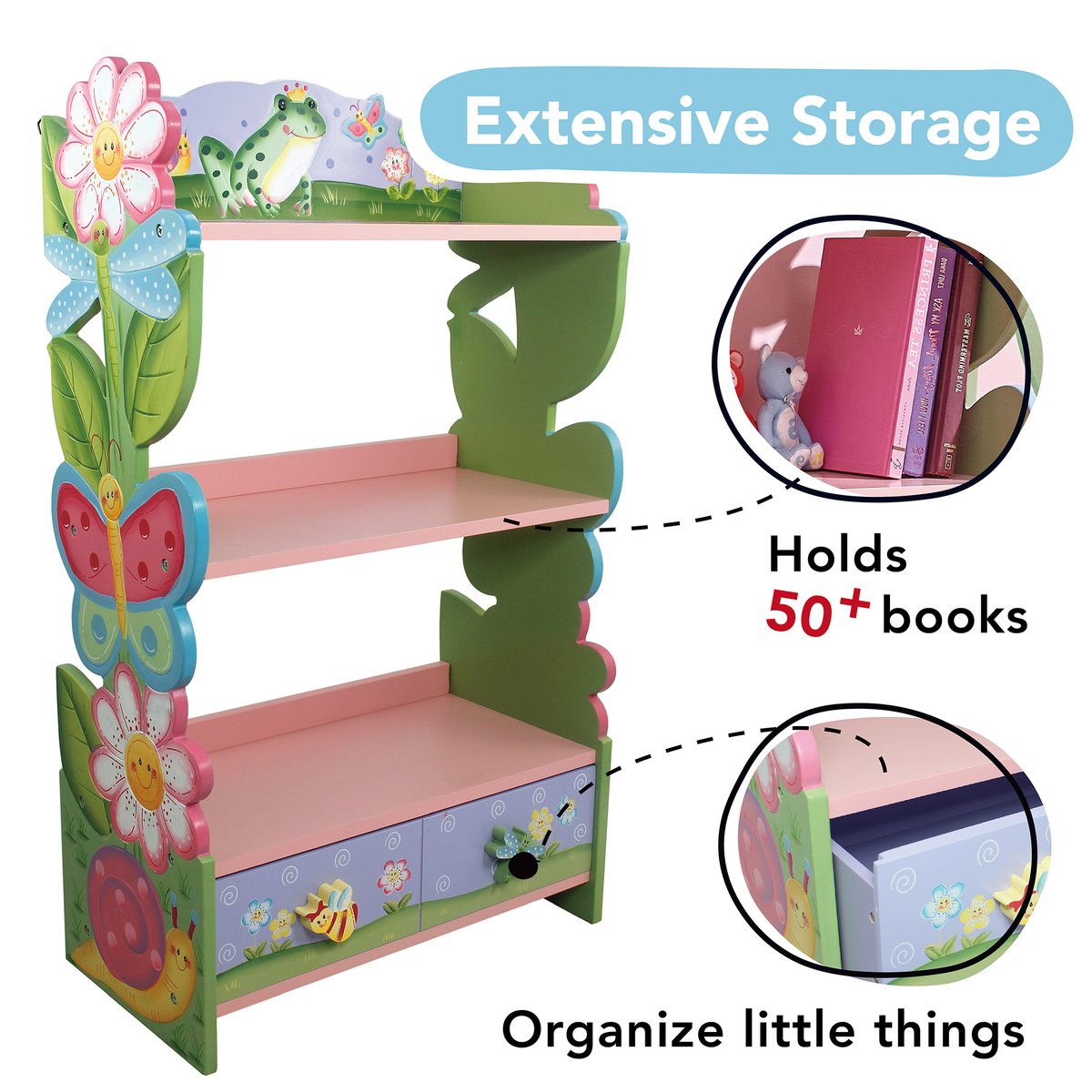 Bibliothèque 3 étages avec tiroir de rangement, MAGIC GARDEN rose, TEAMSON KIDS