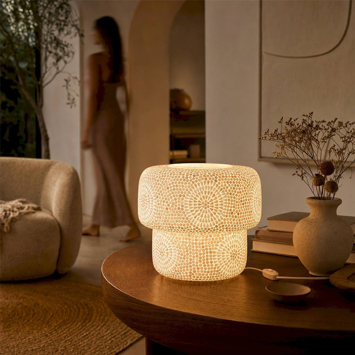 Lampe de table mosaïque en verre beige et blanc, RECOLLECTION