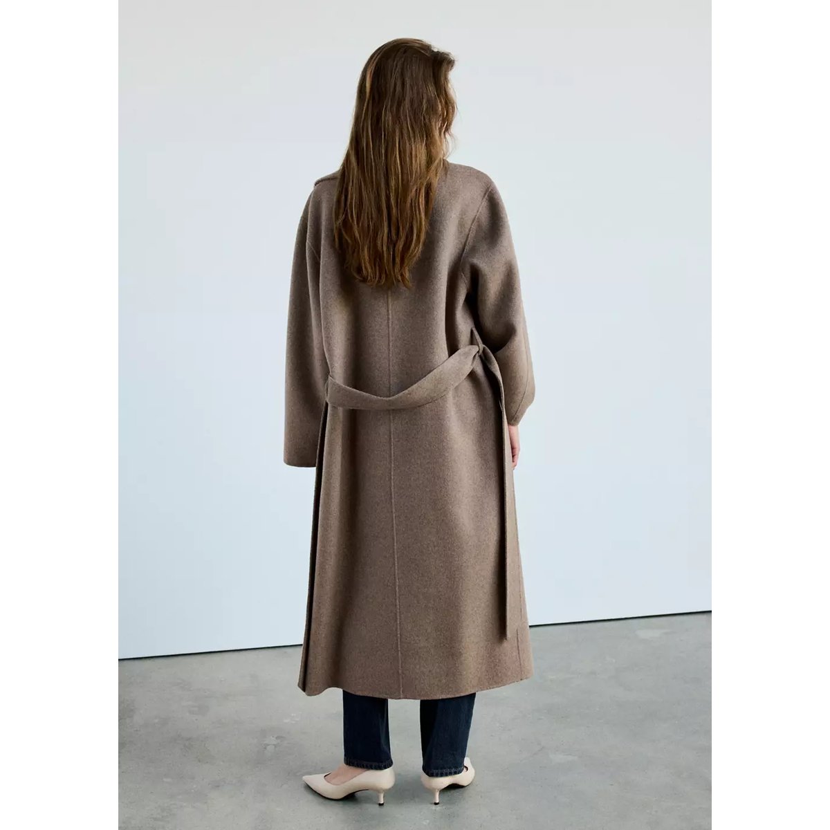 Manteau laine fait à la main ceinture marron moyen, MANGO