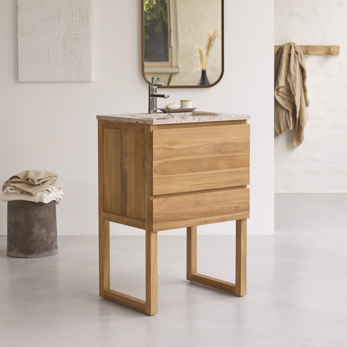 Meuble Salle De Bain en Teck massif, EDGAR marron clair, TIKAMOON