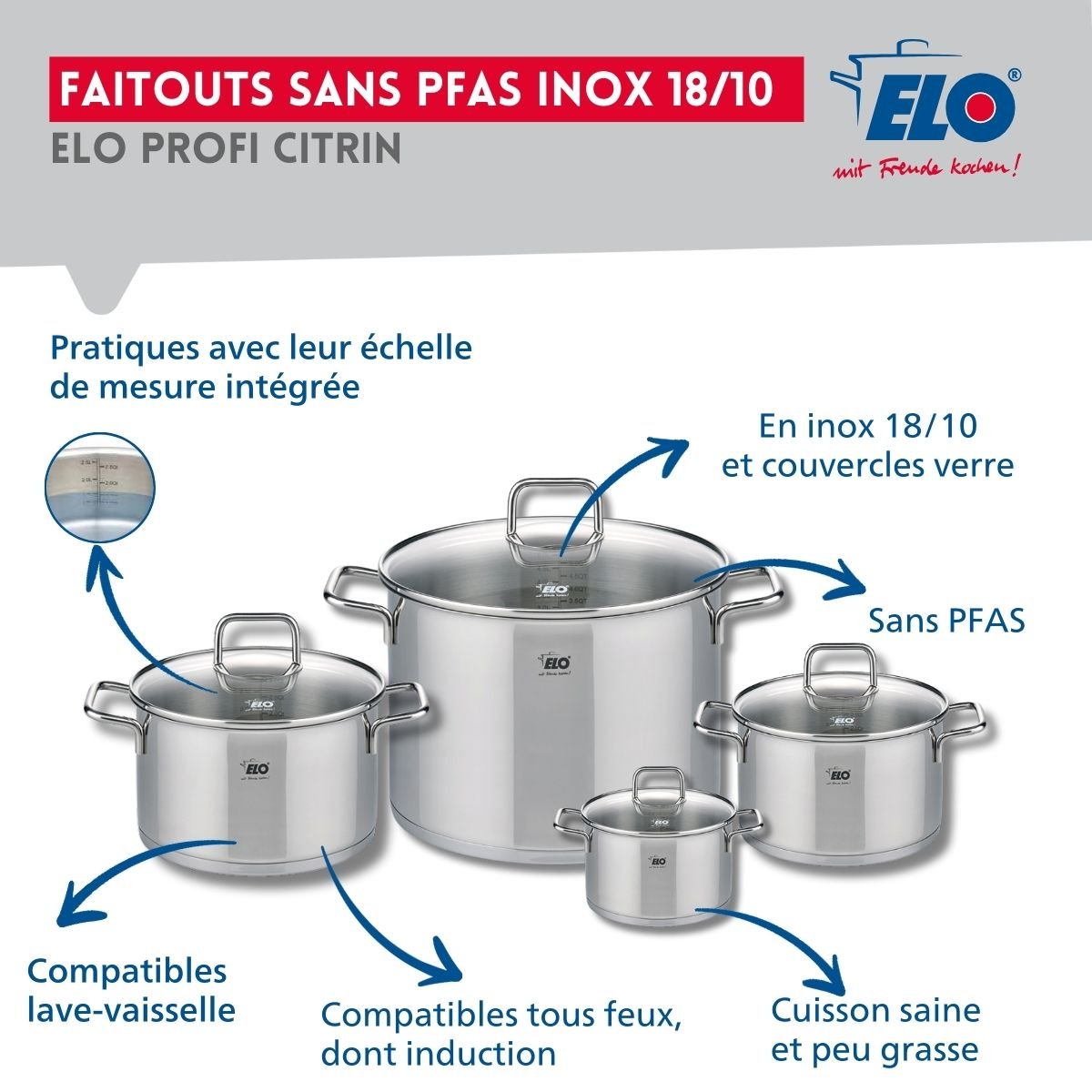 2 poêles 24/28cm + 4 faitouts 12/16/20/26cm PROFI CITRIN gris, ELO